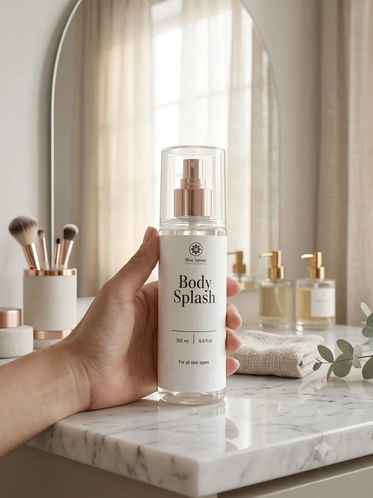 Fotografia enviada como modelo de frasco de body splash transparente com borrifador rosé