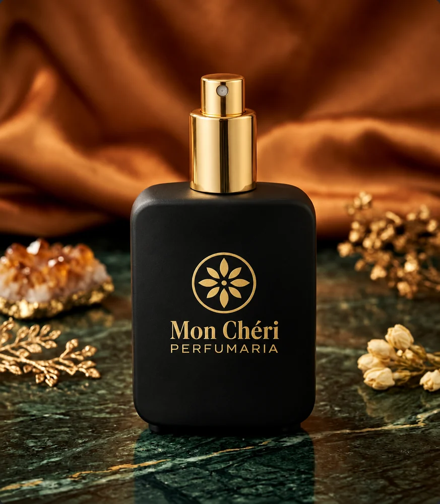 Modelo de frasco de perfume Mon Chéri preto com borrifador dourado